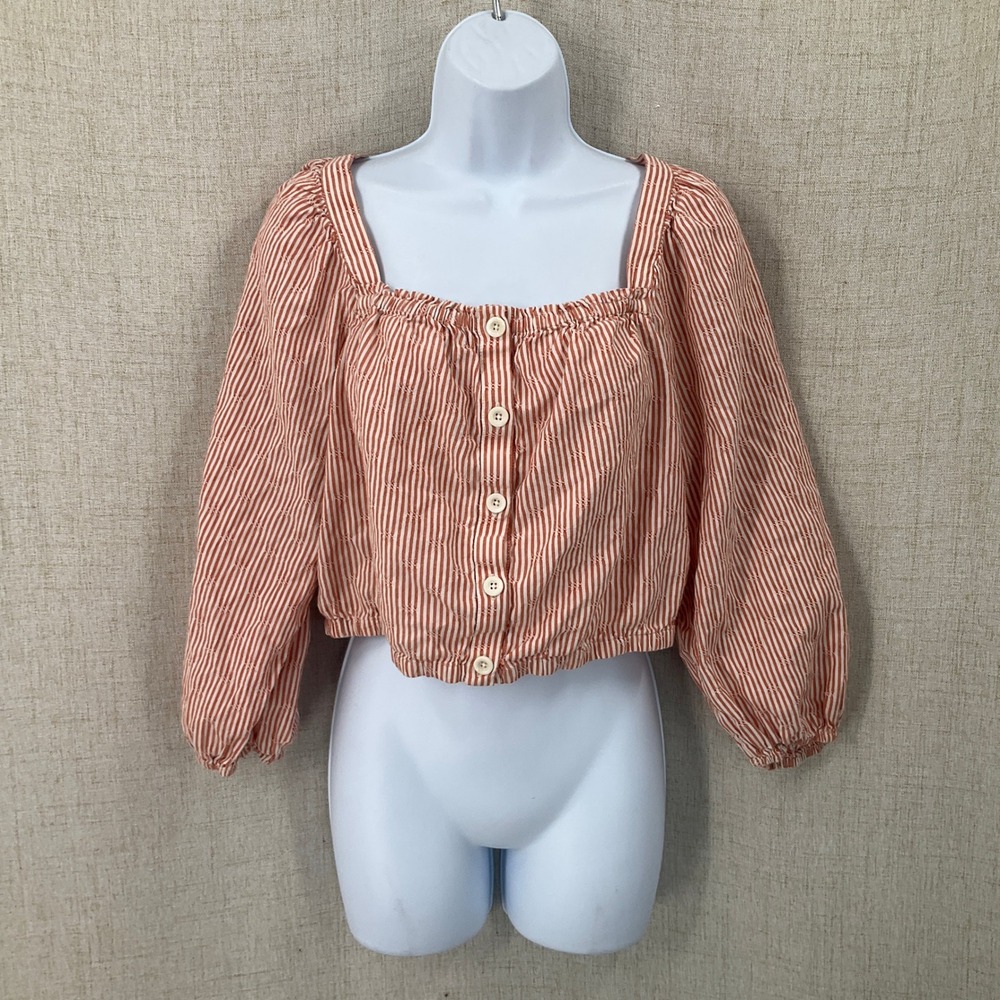 Madewell Top Womens M Orange Striped Button Front Balloon Sleeve Boho Classic